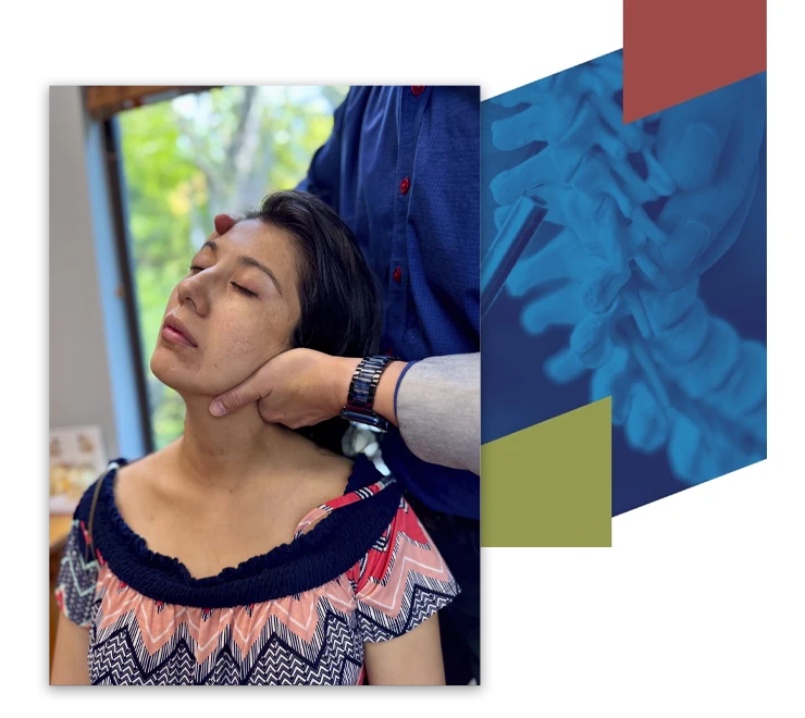 Person seated while another person holds the head and neck, with a blue spine illustration and geometric shapes overlay.