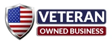 Official veteran-owned business badge featuring a shield with the U.S. flag and bold professional typography.