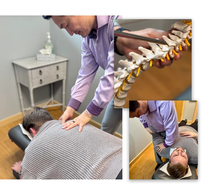 Collage showing Dr. Luther Chau applying pressure to a person lying face down, a spine model close-up, and an overhead adjustment view